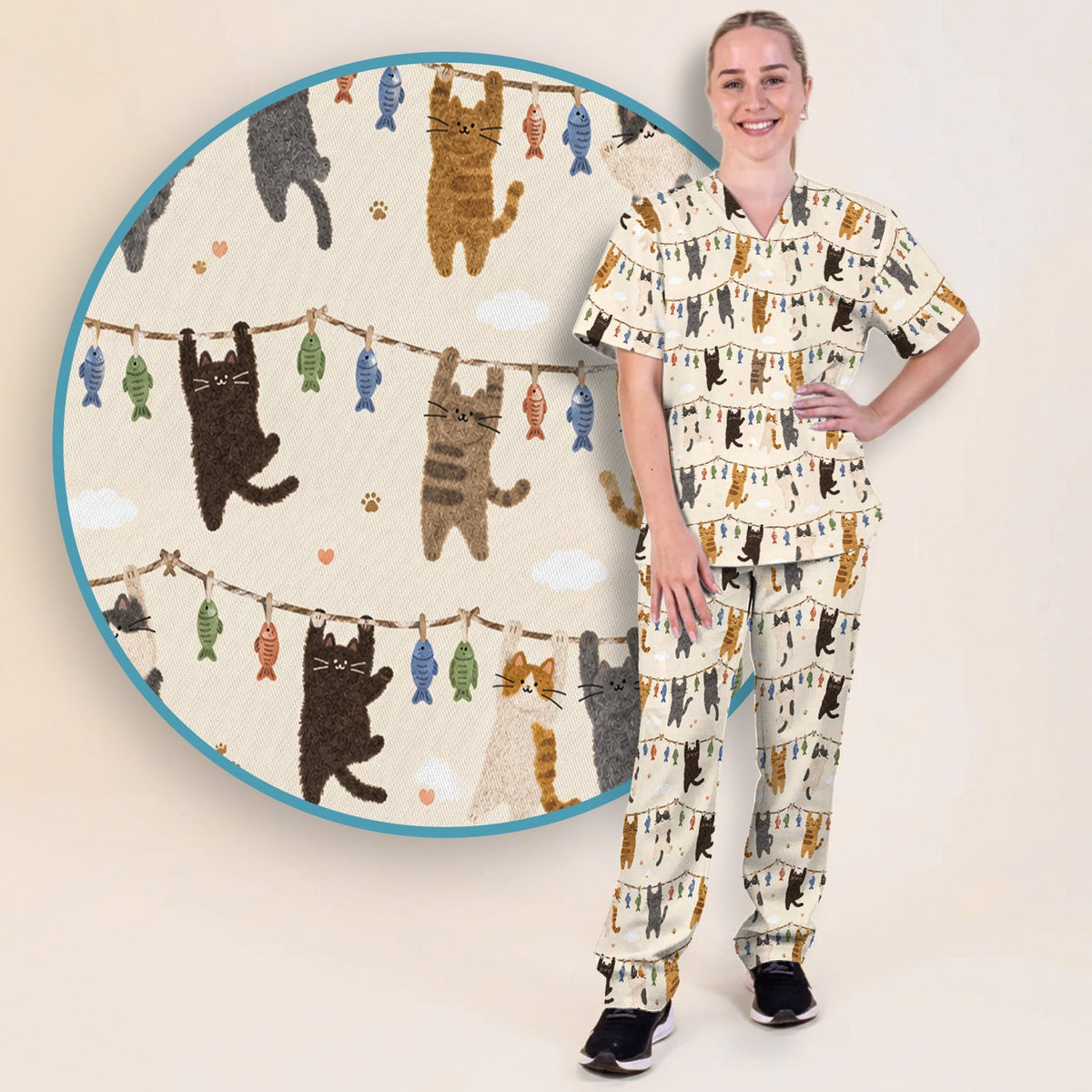 Hanging Cat Fishline Nurse Scrub Set