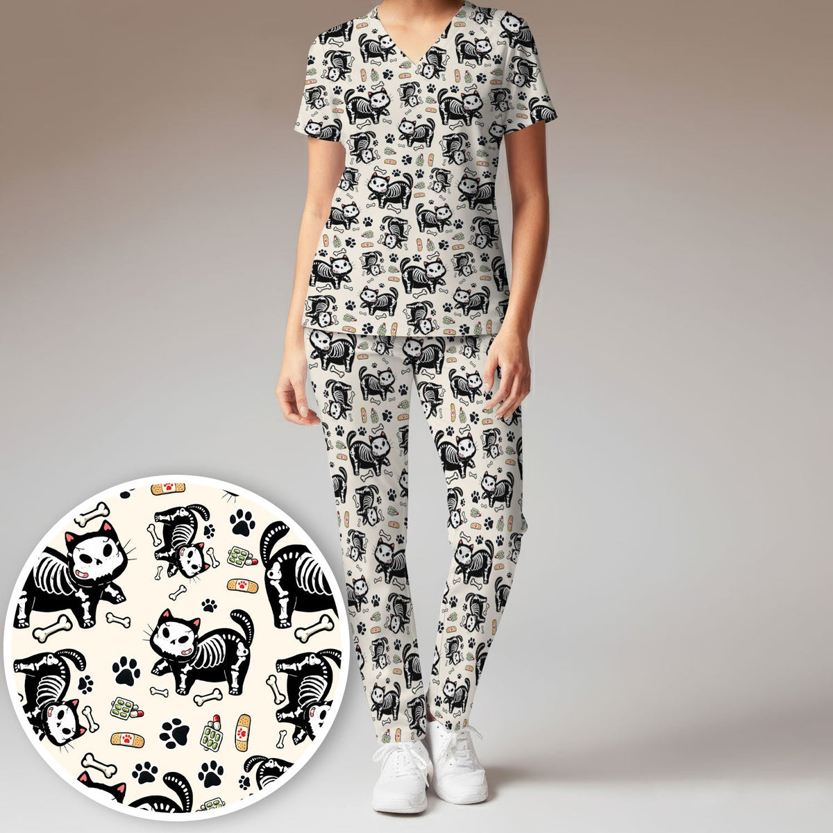 Skeleton Cat Medical Pattern Scrub Set, Scrub Pants and V Neck Top