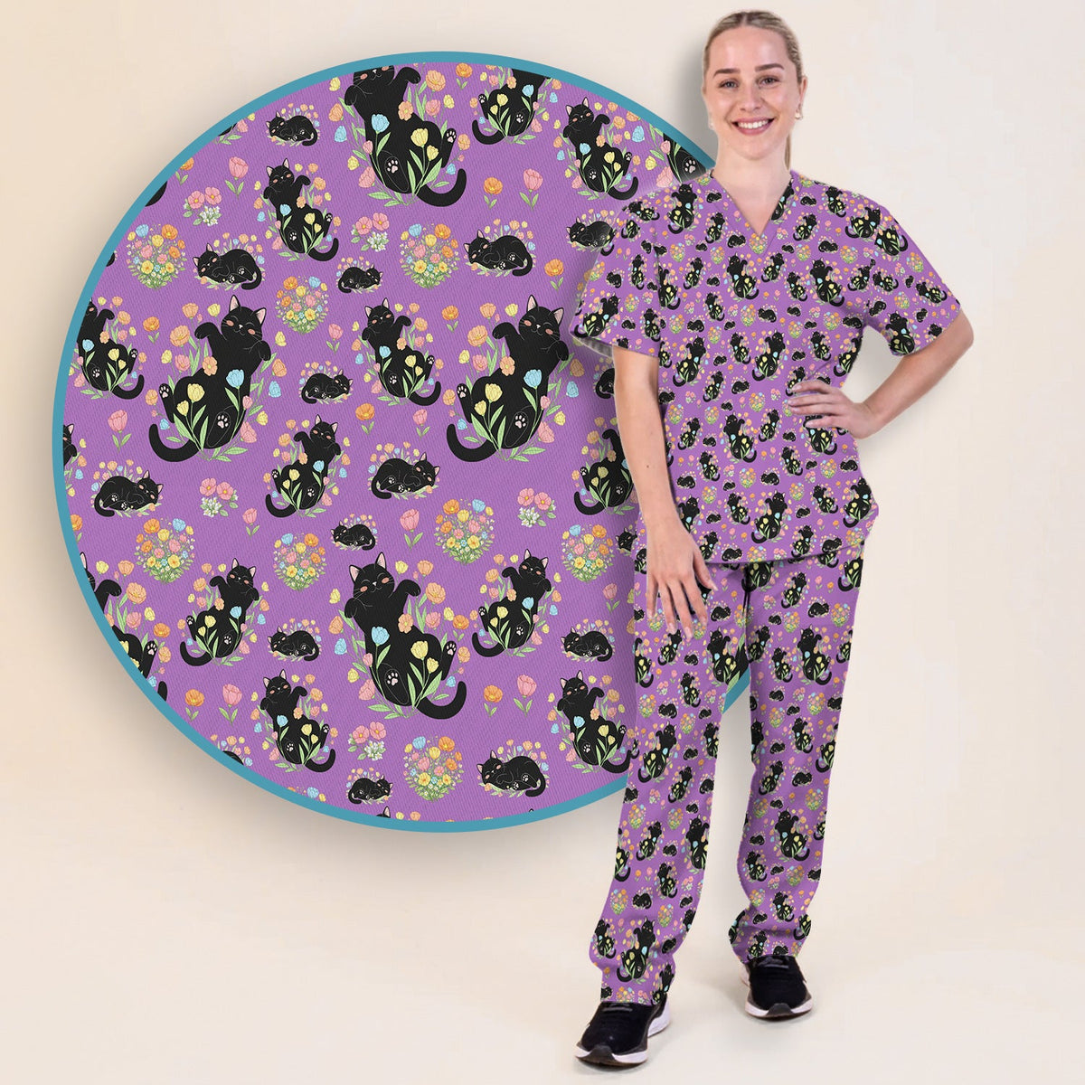 Cats Cute Poses Floral Nurse Scrub Set