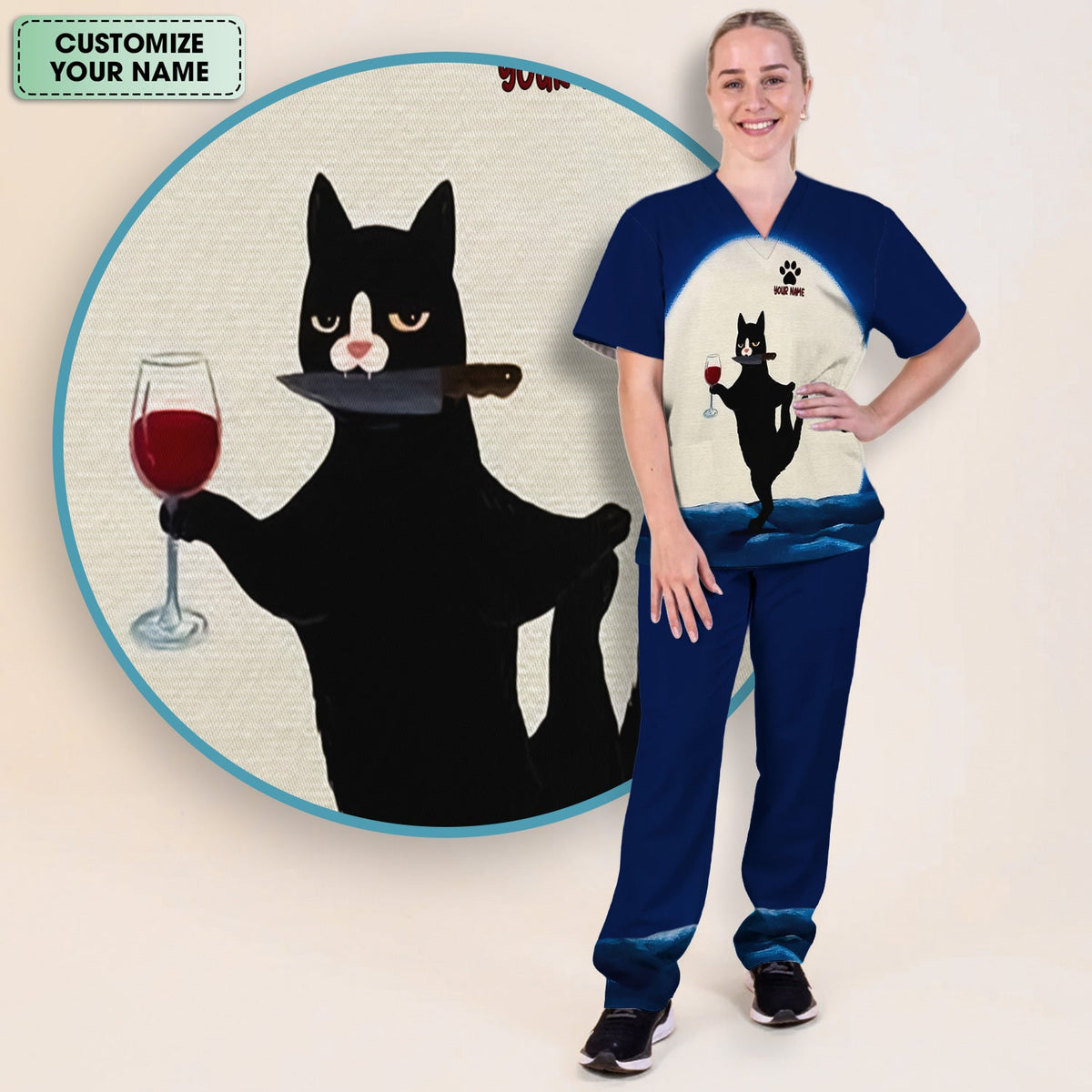 Personalized Cat Wine Glass Knife Nurse Scrub Set