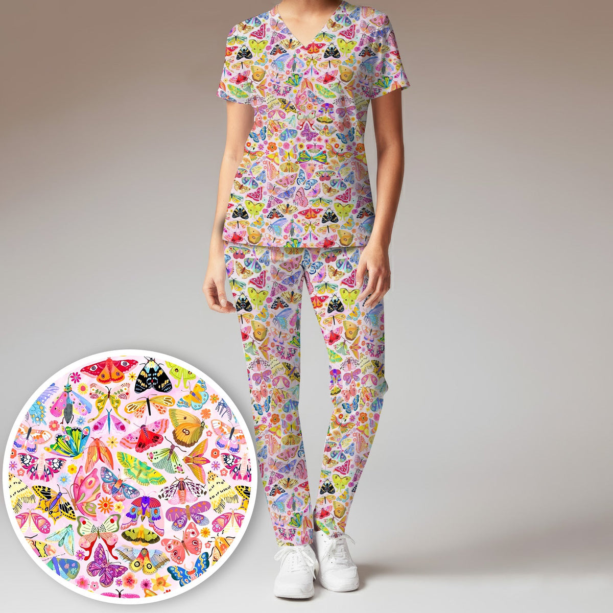 Cute Bright Butterfly Moth Floral Nurse Scrub Set