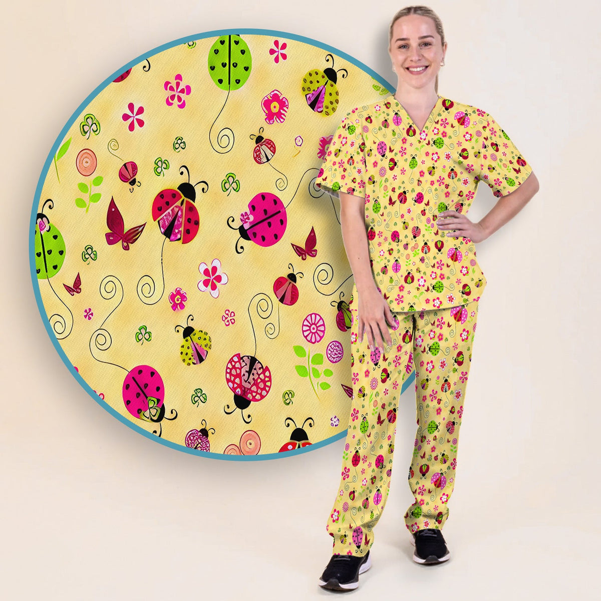 Yellow Ladybug Floral Garden Nurse Scrub Set