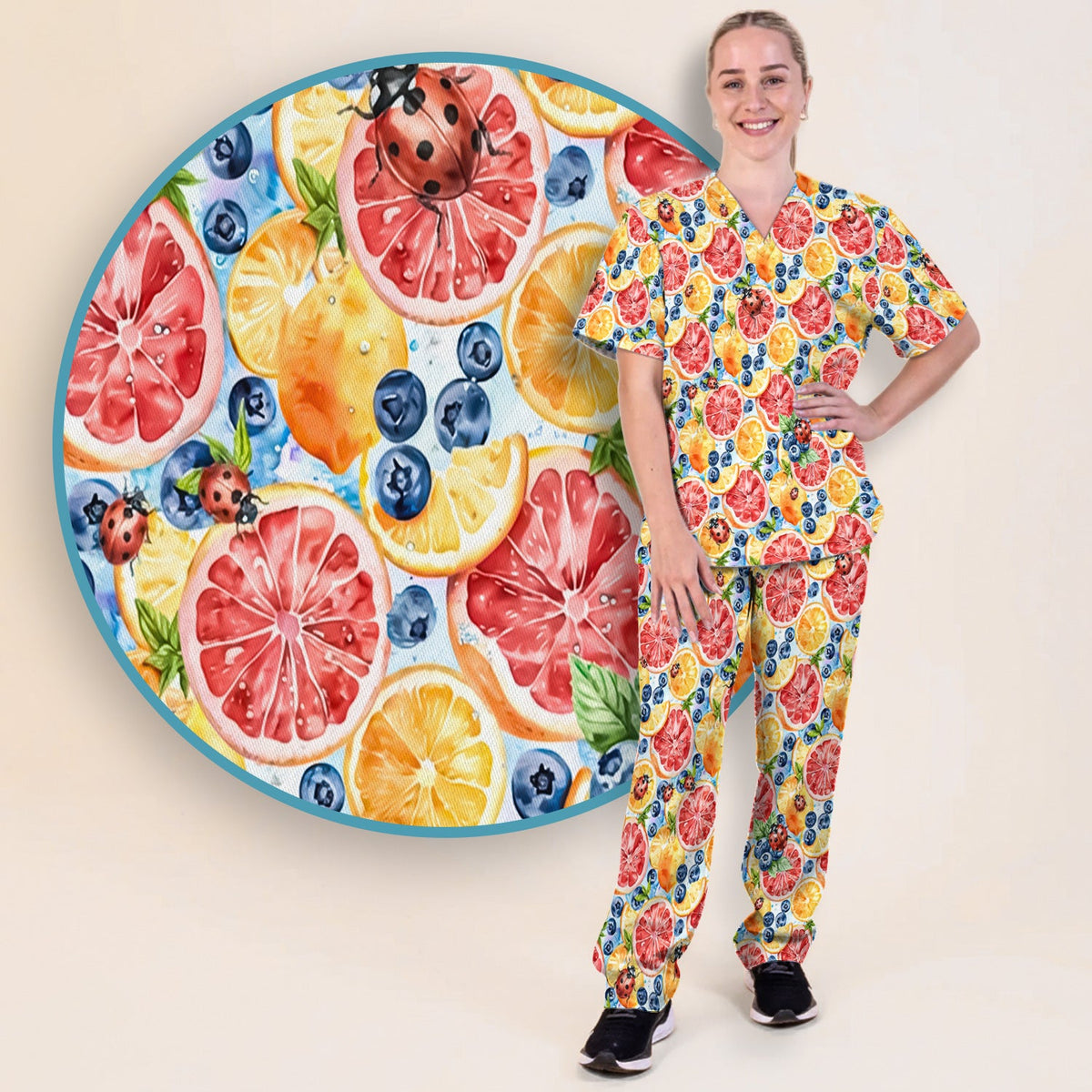 Citrus Berry Ladybug Nurse Scrub Set