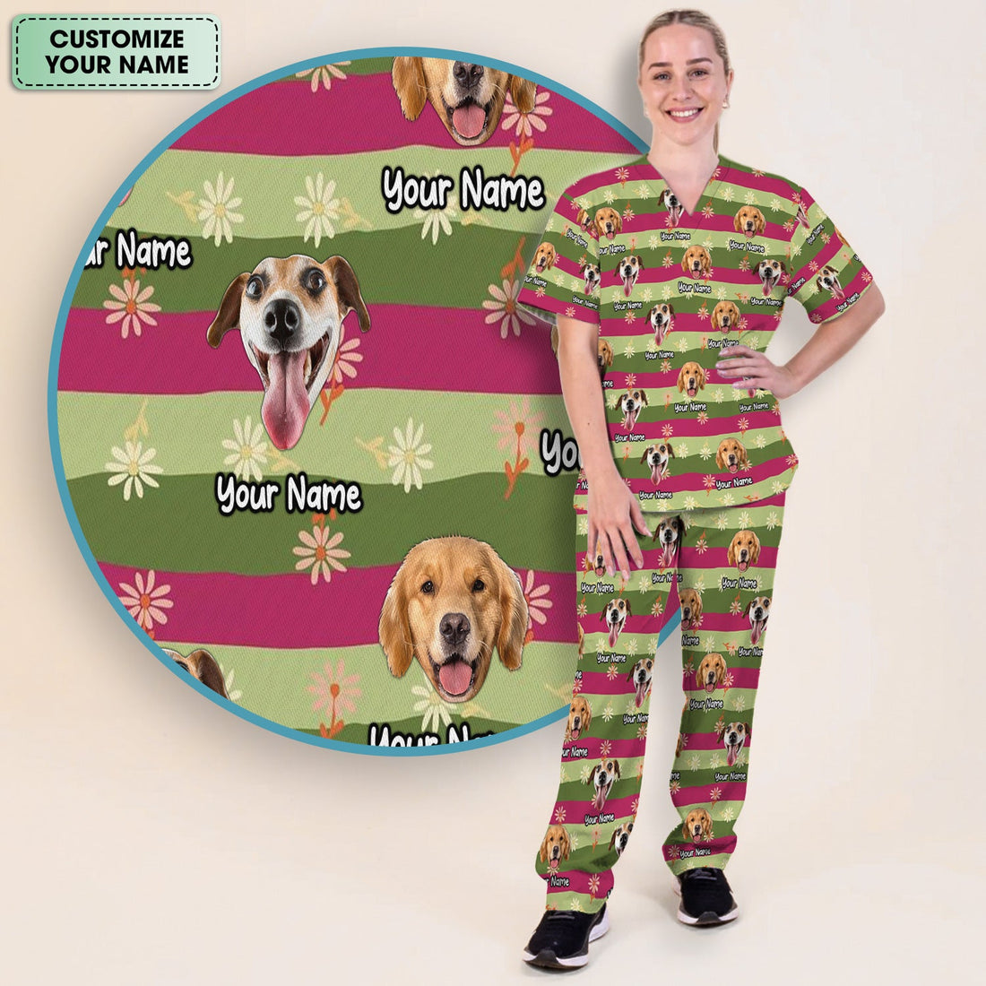Personalized Dog Photo Spring Stripes Nurse Scrub Set