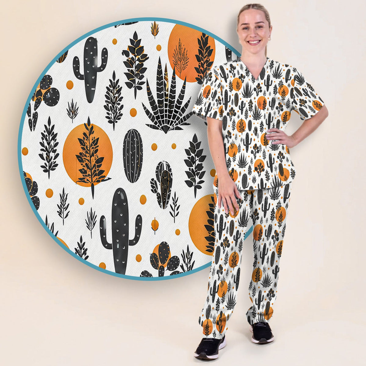 Desert Cactus Orange Sun Nurse Scrub Set