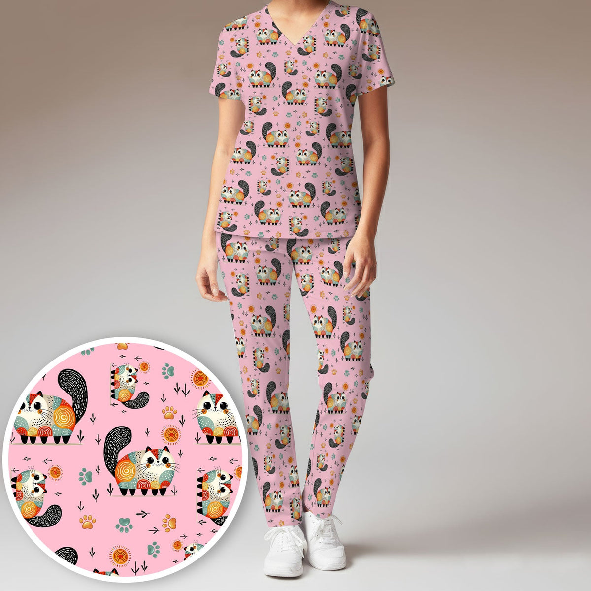 Cat Illustration Nurse Scrub Set