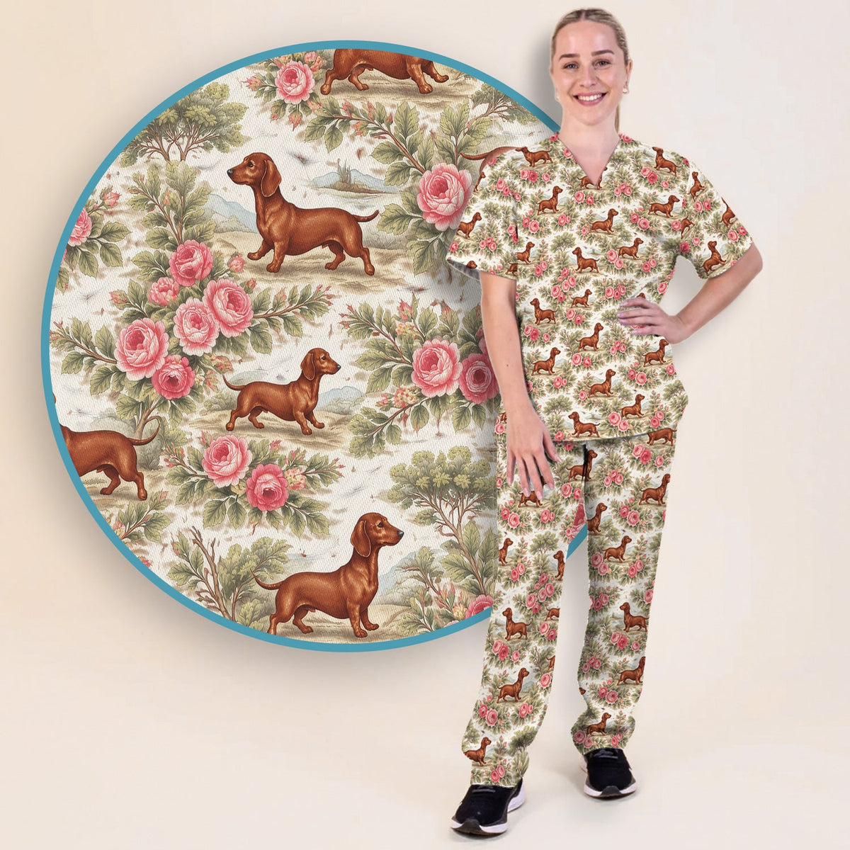 Vintage Dachshund Rose Floral Nurse Scrub Set