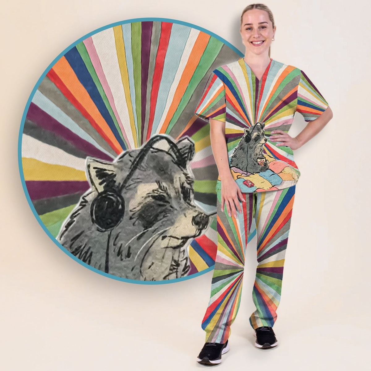 Chill Raccoon Rainbow Music Nurse Scrub Set