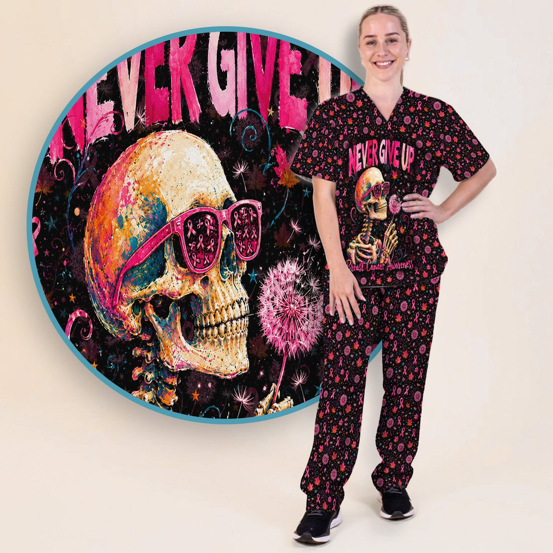 Breast Cancer Awareness Skeleton Nurse Scrub Set
