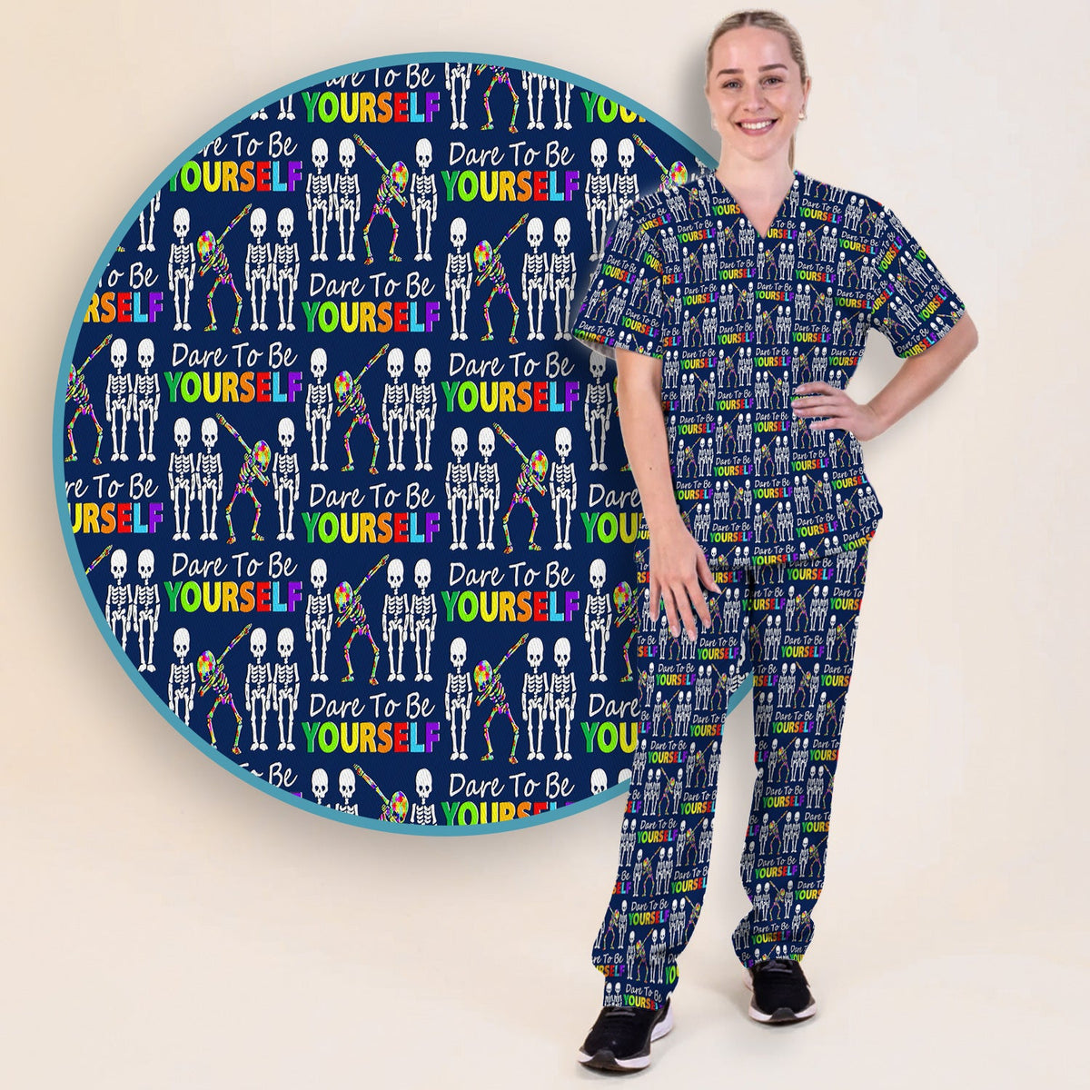Rainbow Skeleton Dare To Be Yourself Nurse Scrub Set