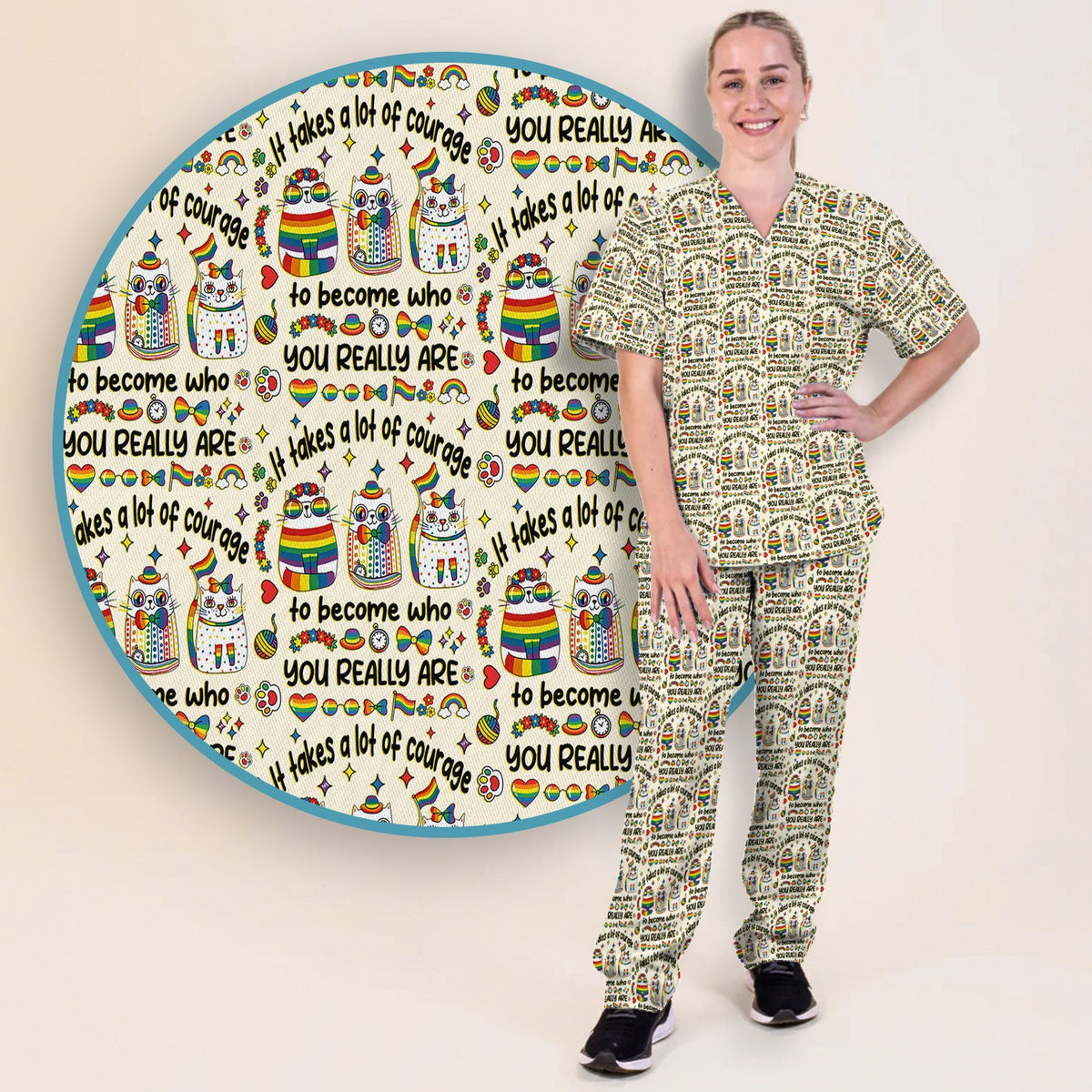 Nurse Rainbow Cat Courage Scrub Set