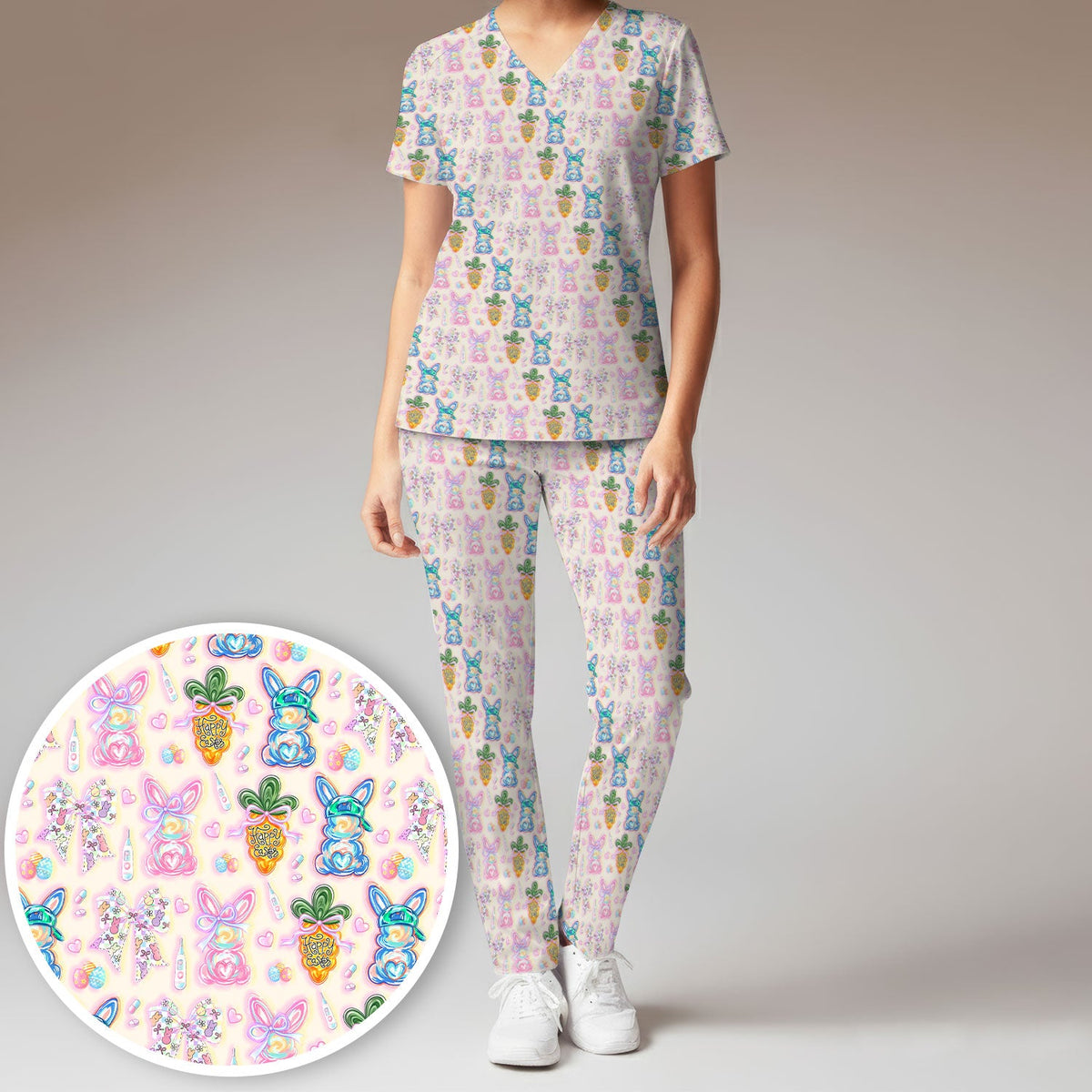 Bunny Carrot Bow Nurse Scrub Set - Easter Gift