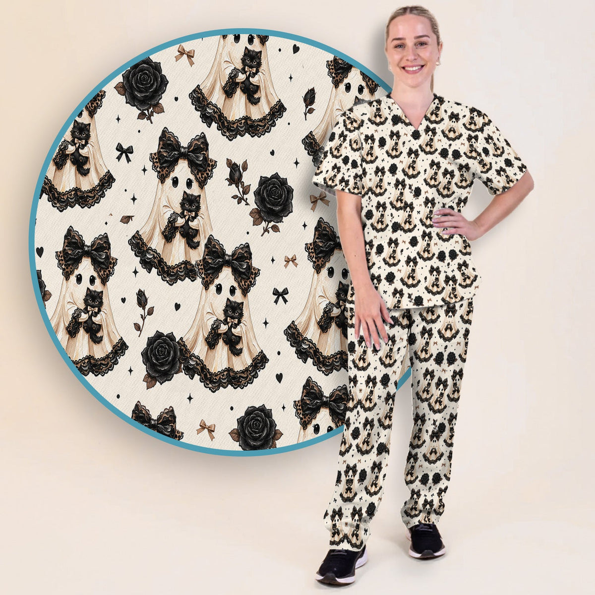 Ghost Black Cat Nurse Scrub Set - Halloween Gift