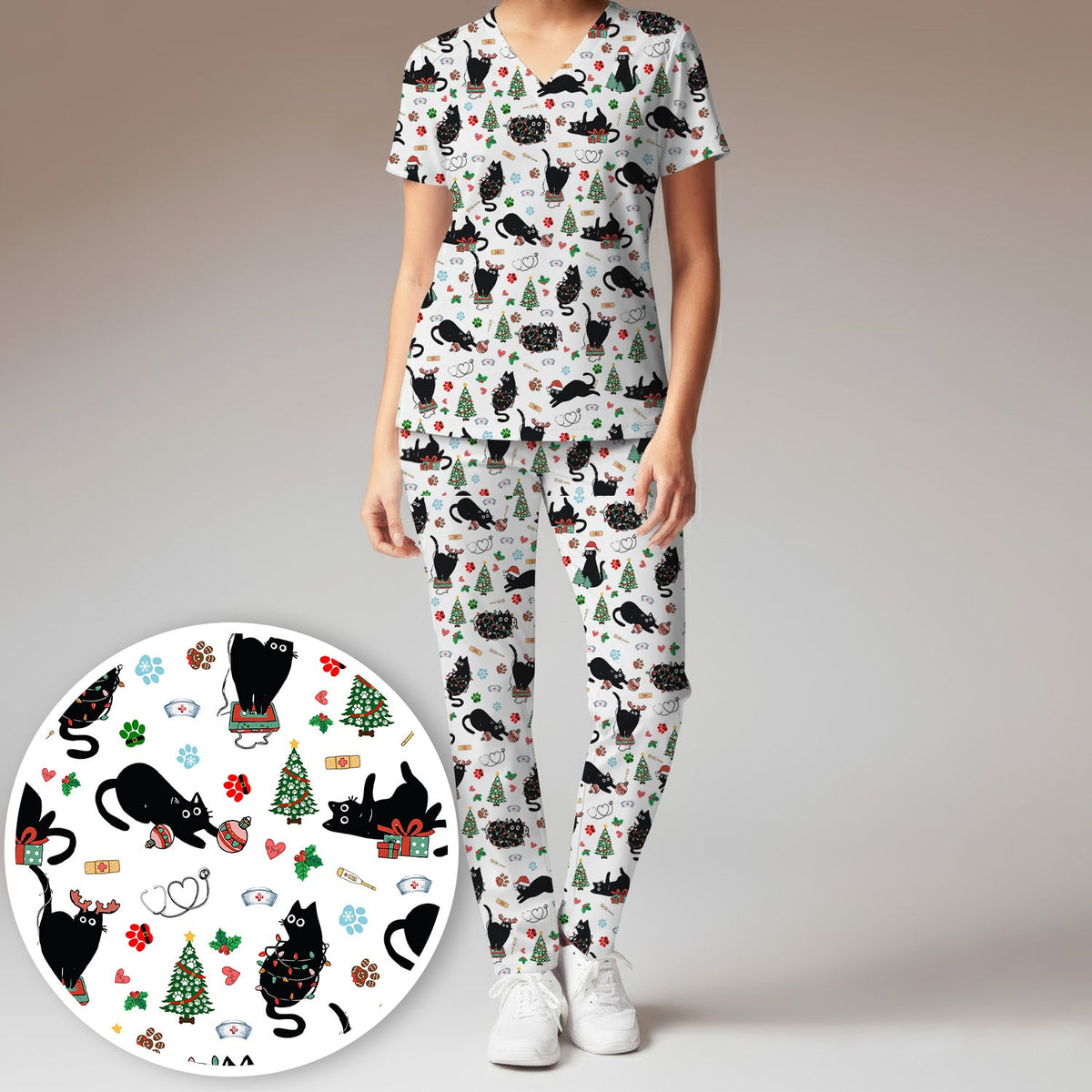 Black Cat Christmas Nurse Scrub Set, Festive Kitty Medical Uniform for Women