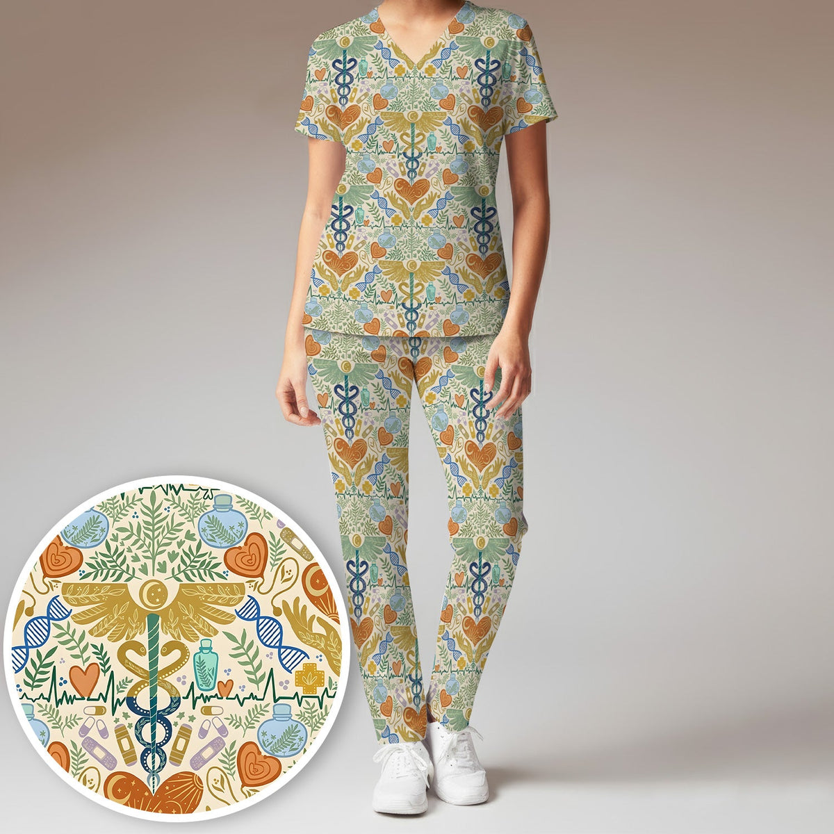 Botanical Caduceus Heart Nurse Scrub Set