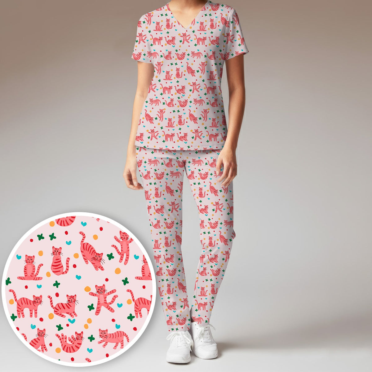 Pink Cat Nurse Scrub Set