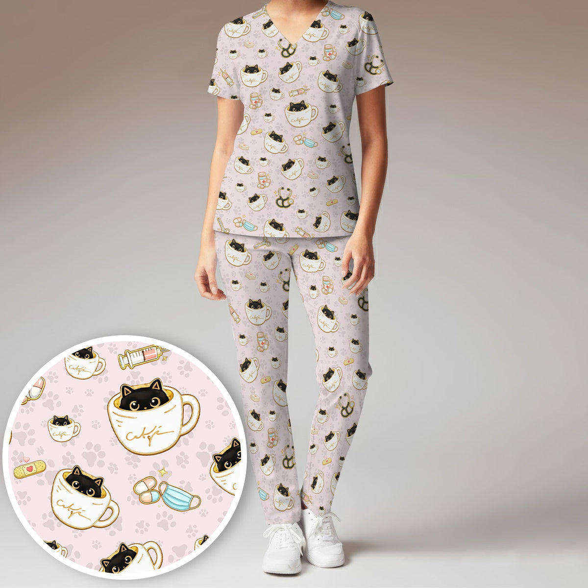 Coffee Cat Nurse Scrub Set