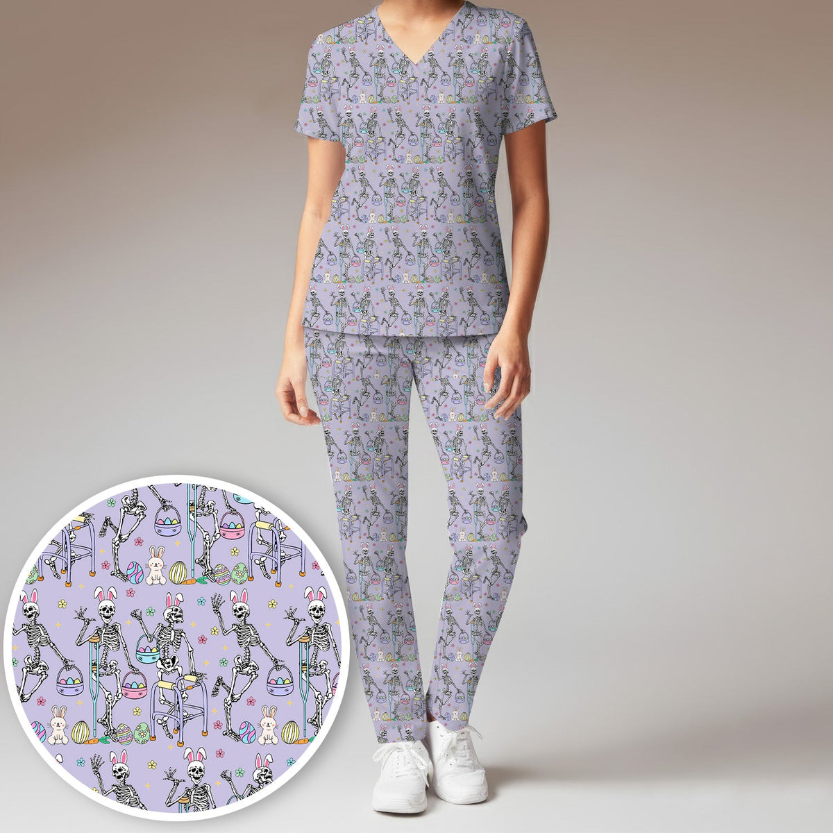 Fun Skeleton Bunny Nurse Scrub Set - Easter Gift