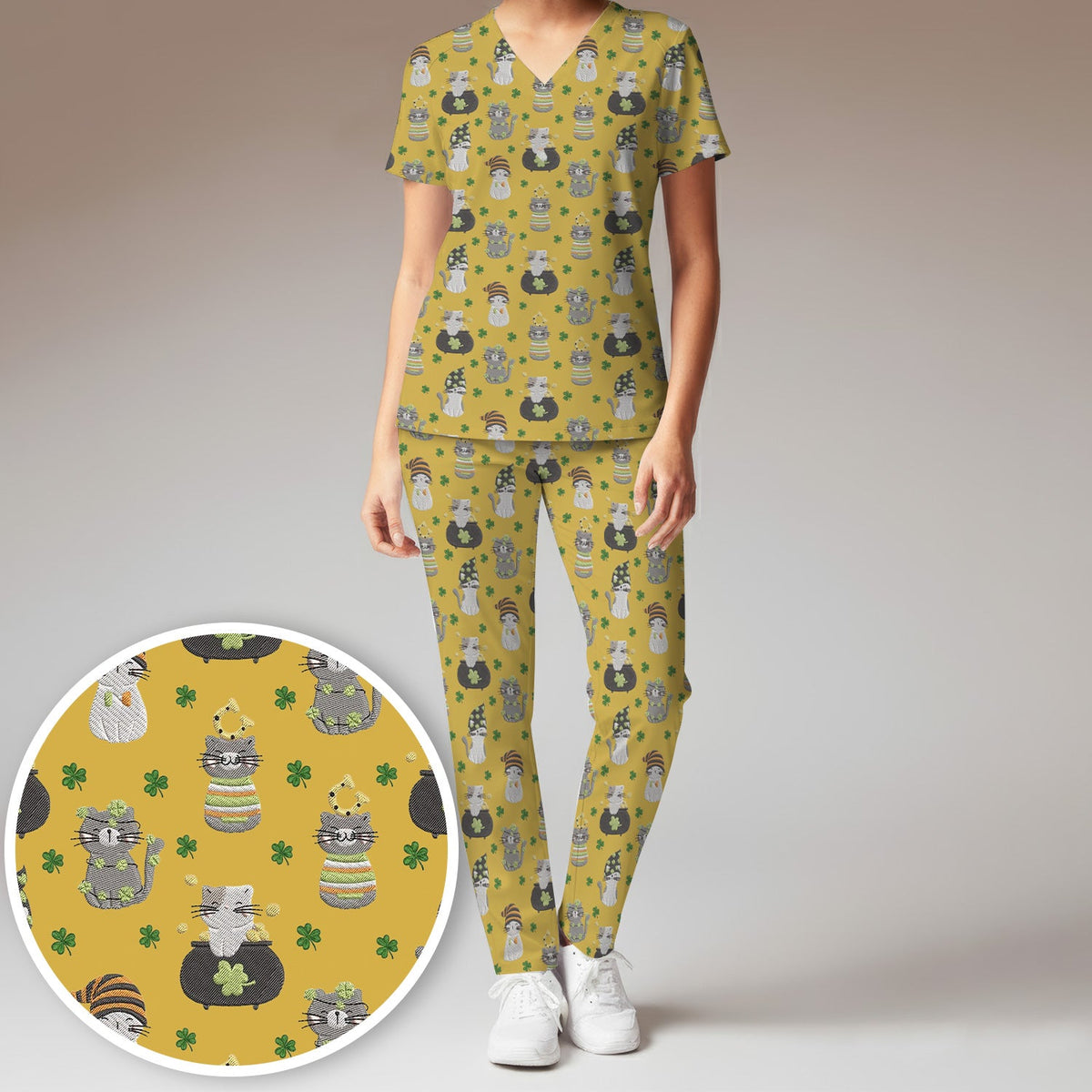 St Patrick Lucky Cat Shamrock Nurse Scrub Set