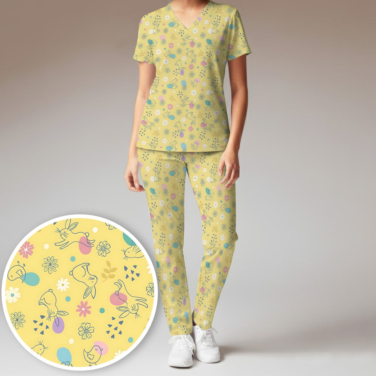 Whimsical Easter Bunny Eggs Nurse Scrub Set