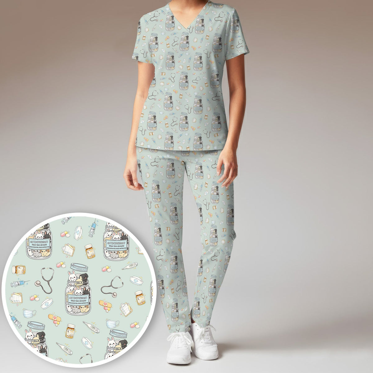 Whimsical Antidepressant Rabbit Jar Nurse Scrub Set