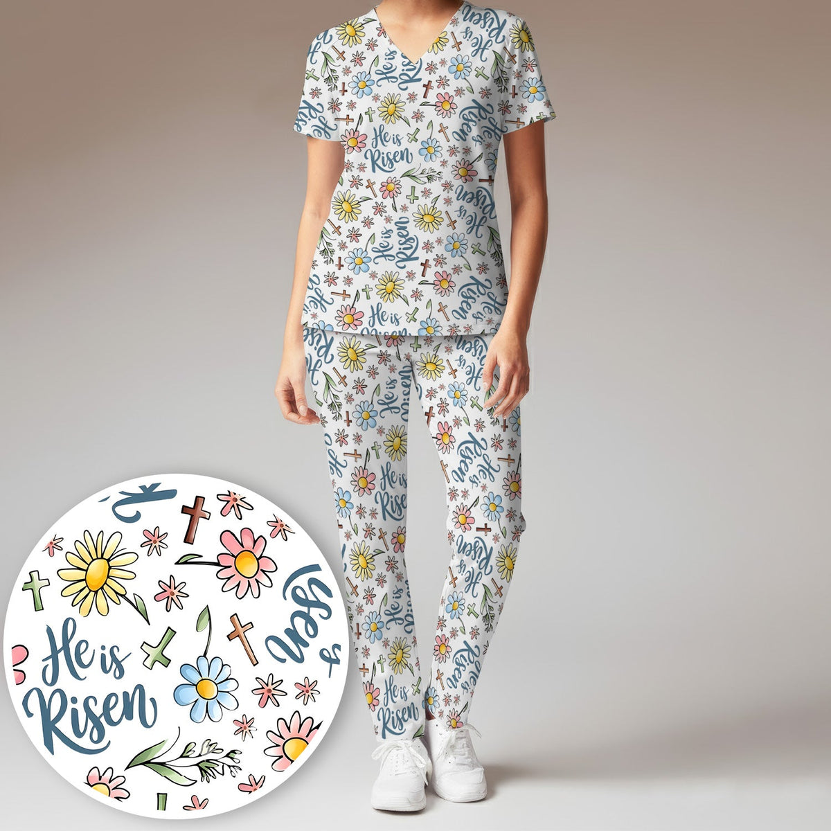 Risen Cross Flower Nurse Scrub Set - Easter Gift