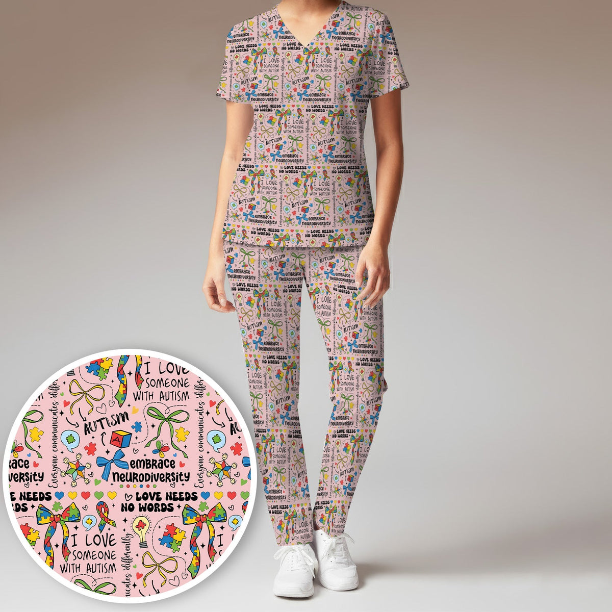Autism Awareness Puzzle Ribbon Pastel Nurse Scrub Set