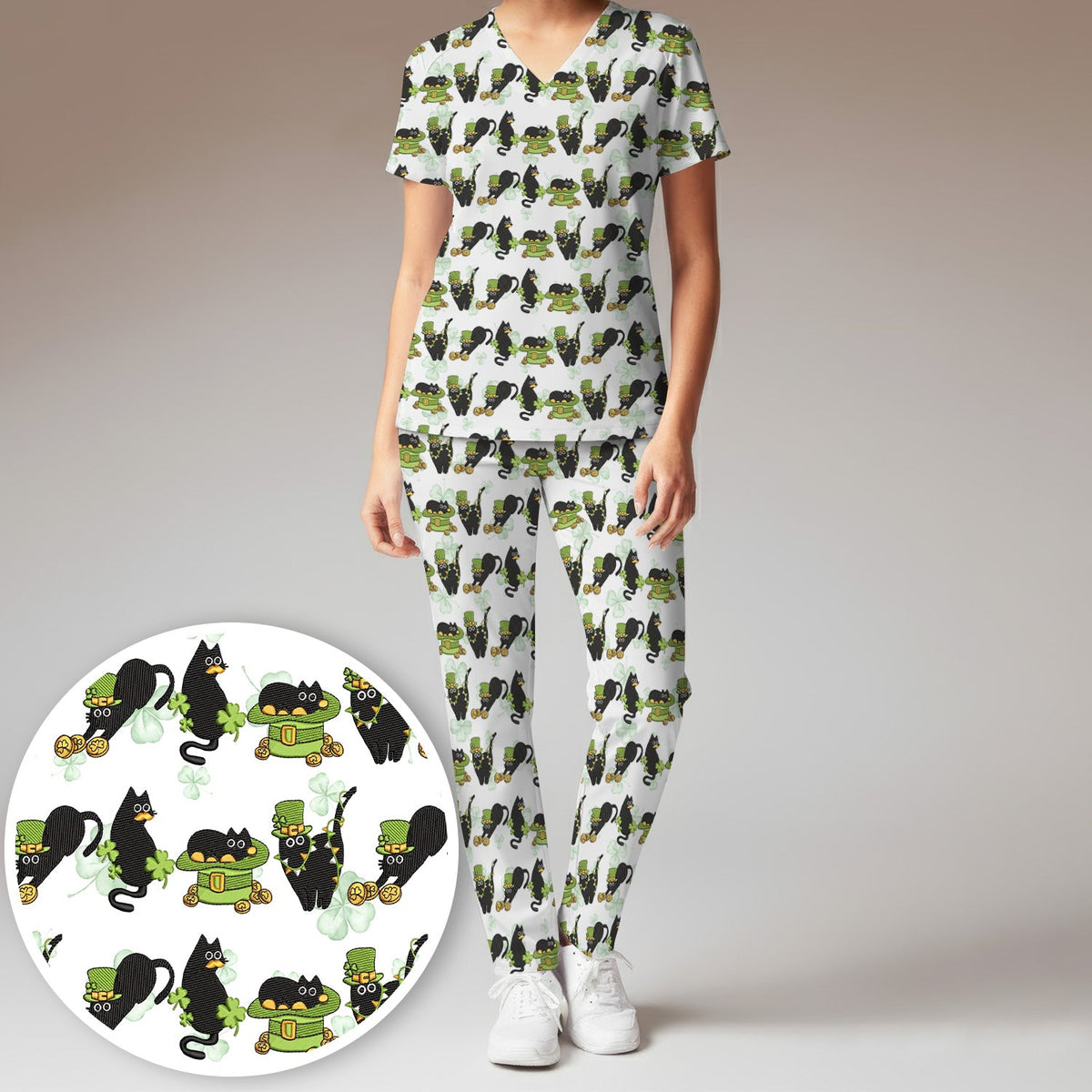 St Patrick Black Cat Clover Nurse Scrub Set