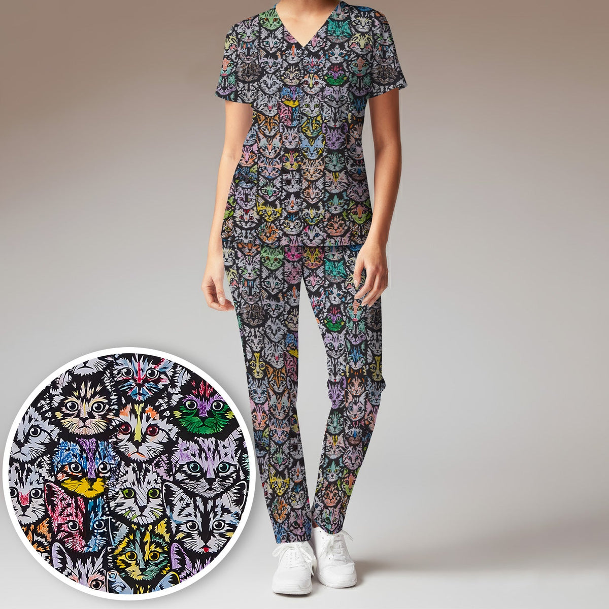Colorful Cat Faces Nurse Scrub Set