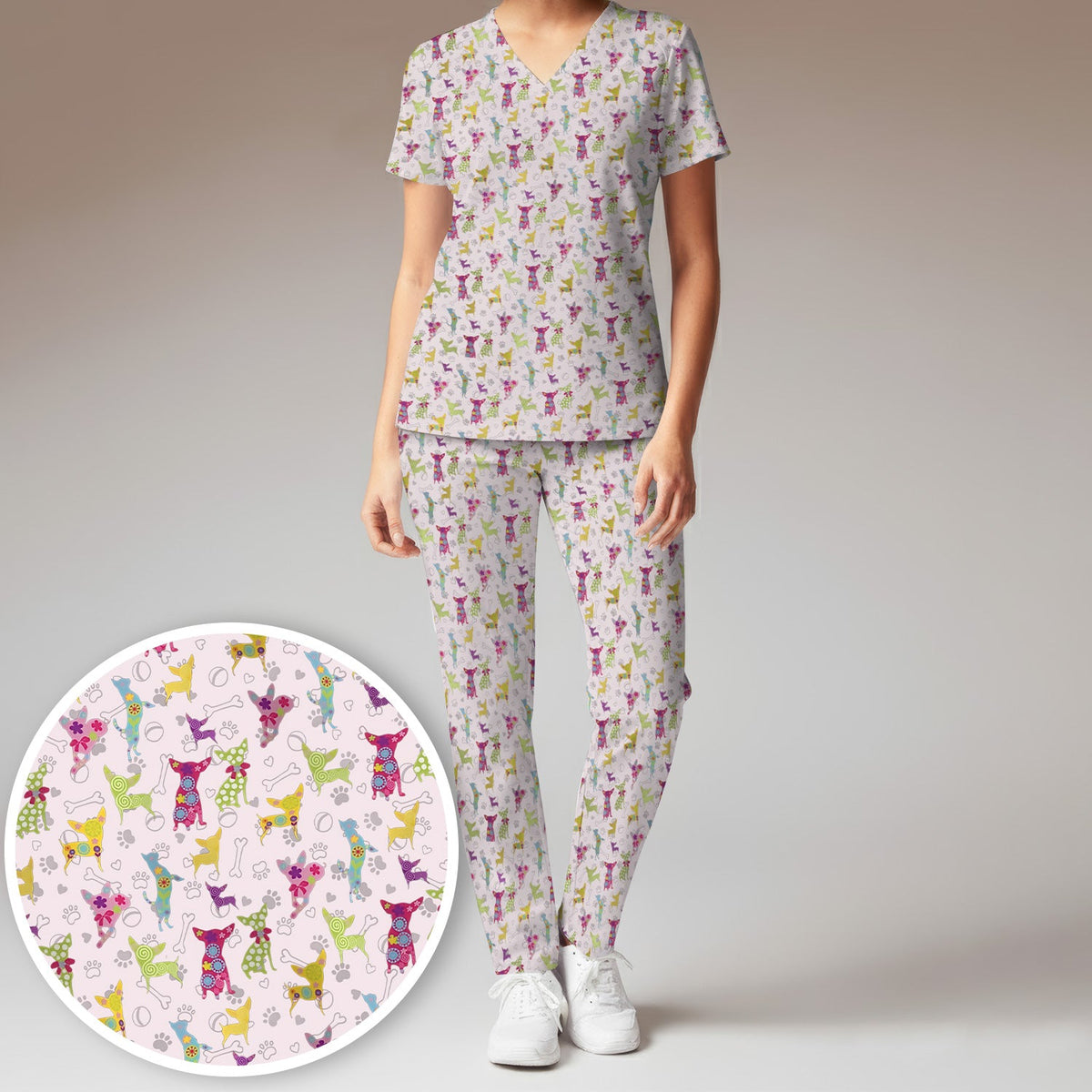 Colorful Playful Dog Nurse Scrub Set
