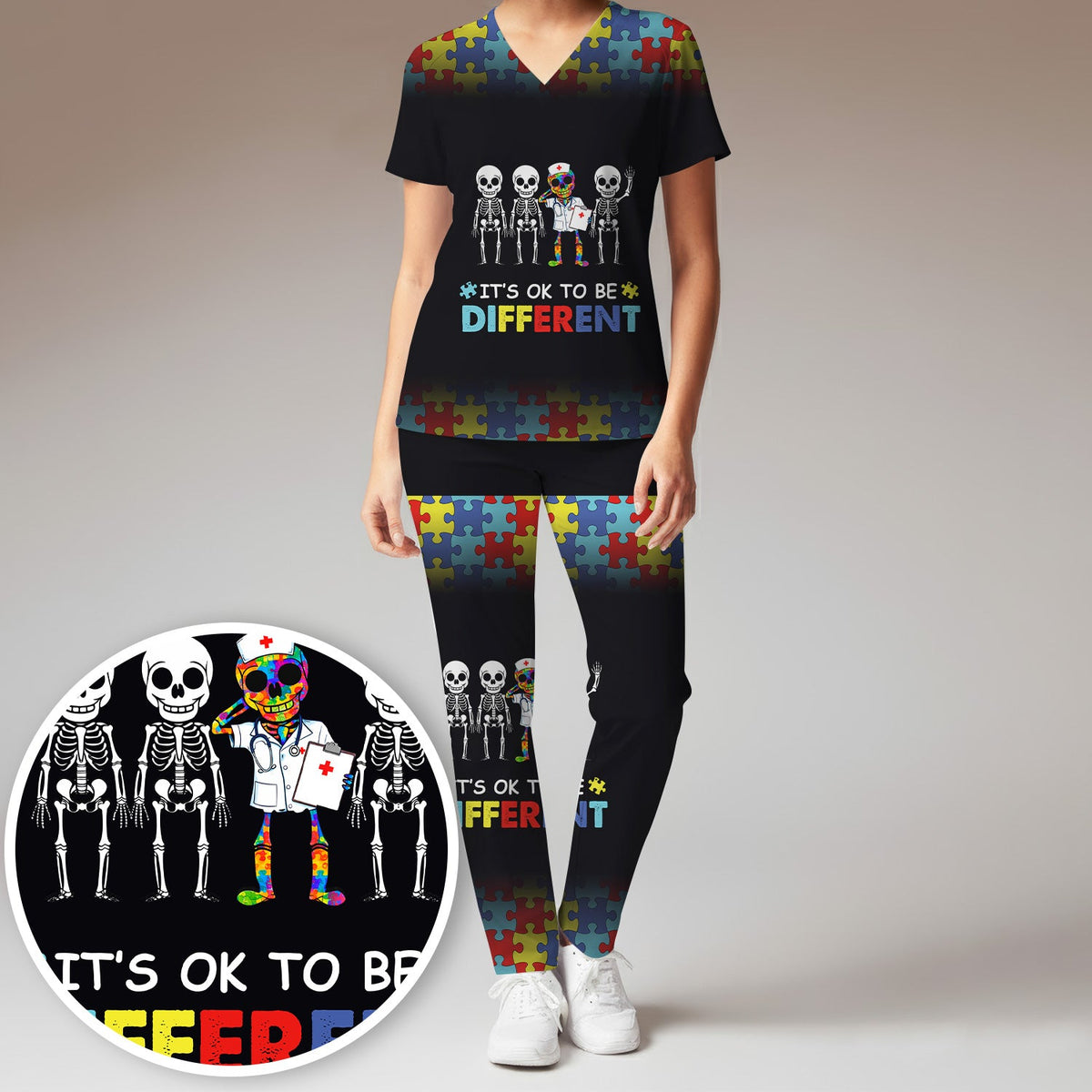 Autism Puzzle Skeleton It's OK To Be Different Nurse Scrub Set