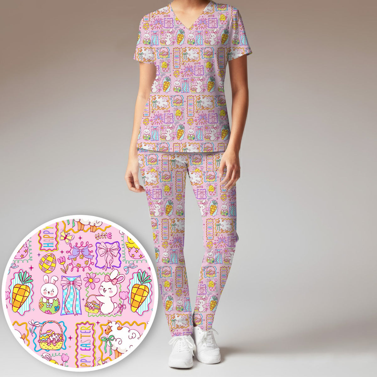 Cute Easter Bunny Egg and Bow Print Scrub Set, Scrub Pants and V Neck Top