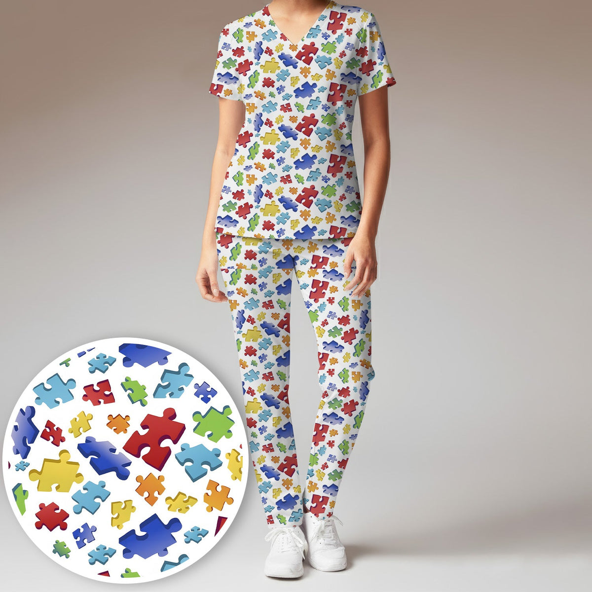 Colorful Scattered Puzzle Piece Nurse Scrub Set