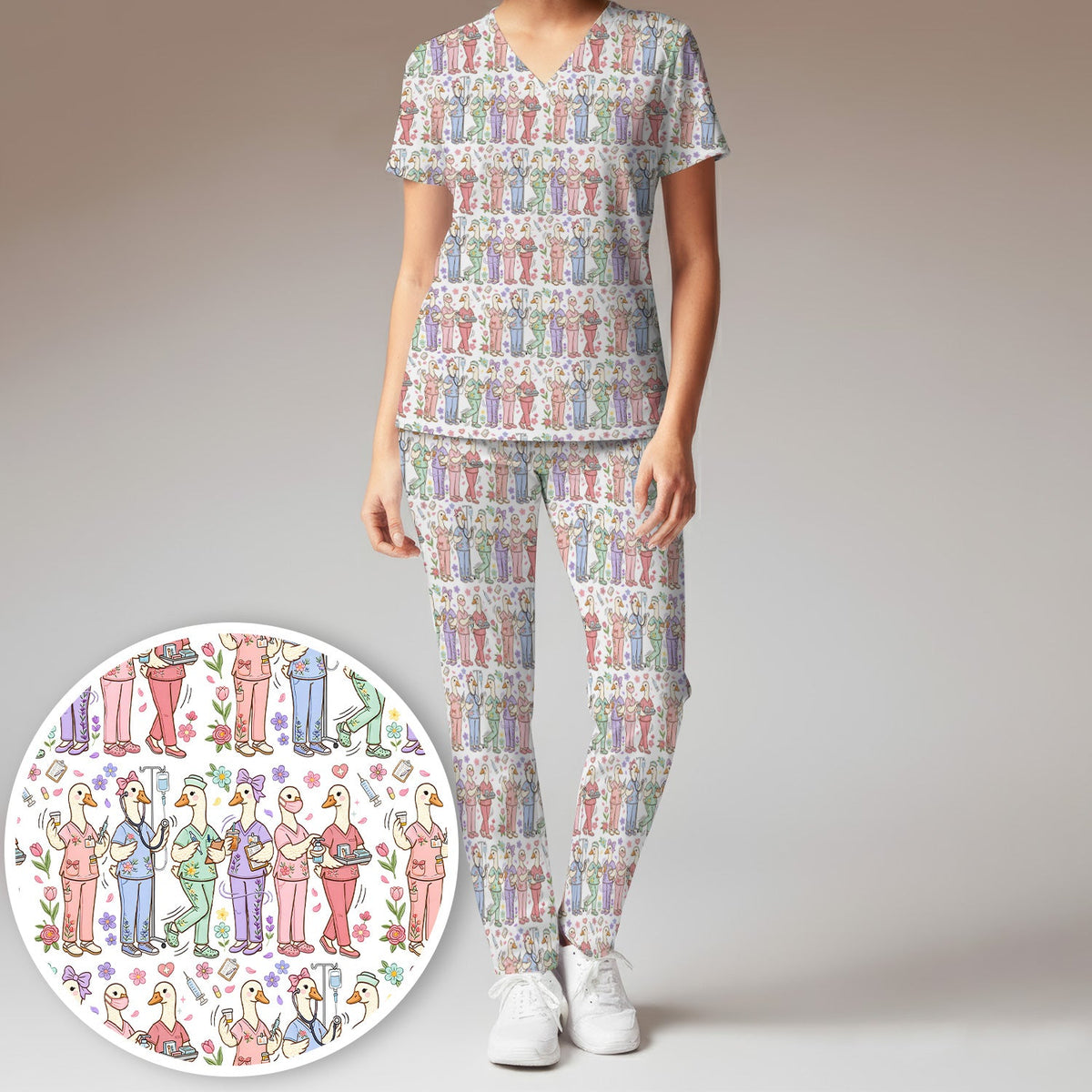 Goose Characters Floral Nurse Scrub Set