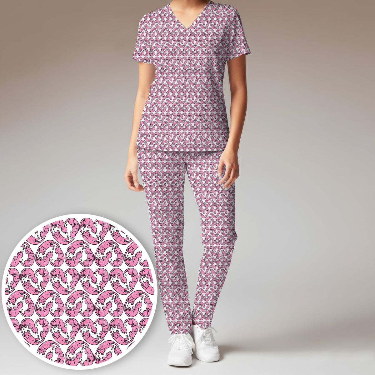 Pink Cat Cartoon Nurse Scrub Set