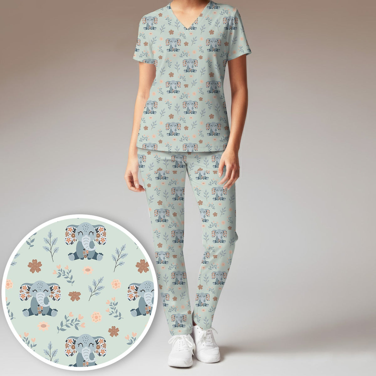 Cute Elephant Floral Print Scrub Set, Scrub Pants and V Neck Top