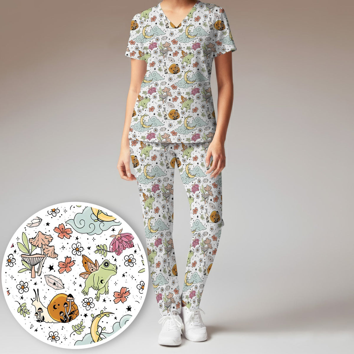 Whimsical Frog Moon Mushroom Nurse Scrub Set