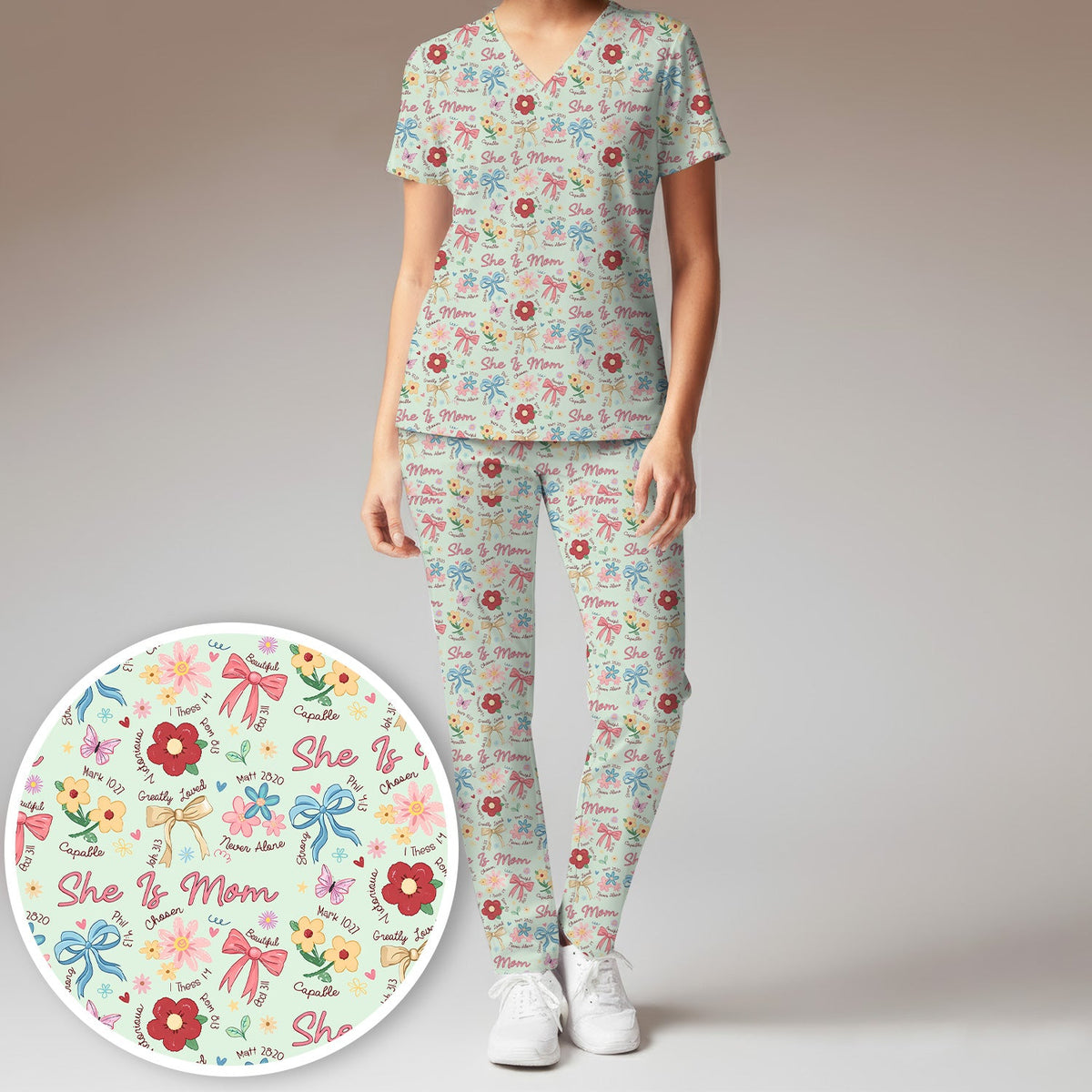 She Is Mom Flower Bow Nurse Scrub Set