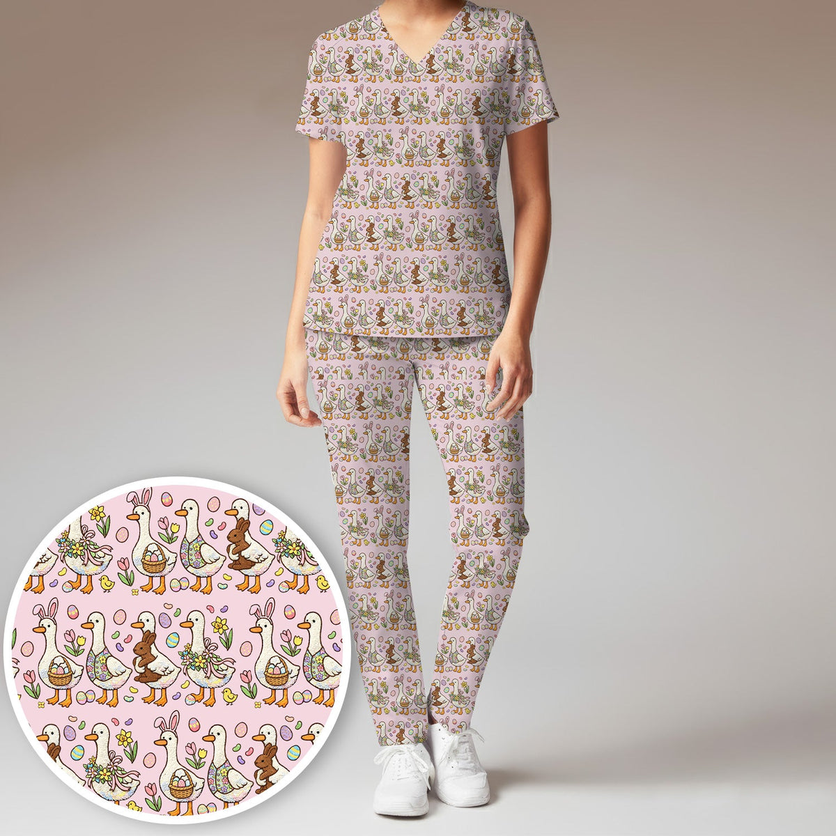 Duck Bunny Egg Floral Nurse Scrub Set - Easter Gift