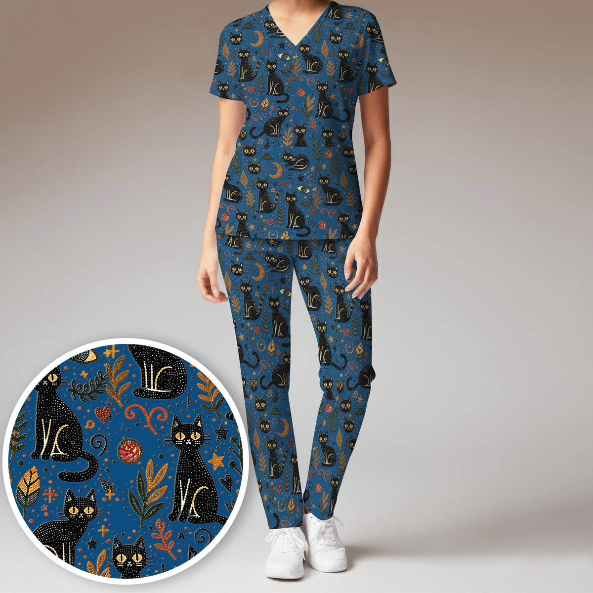 Mystic Black Cat Celestial Nurse Scrub Set