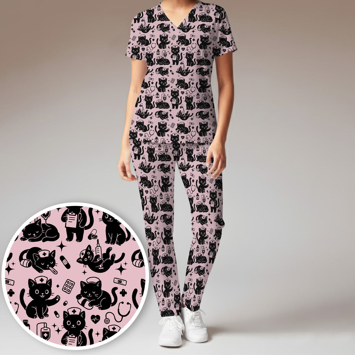 Cute White Black Cat Nurse Scrub Set