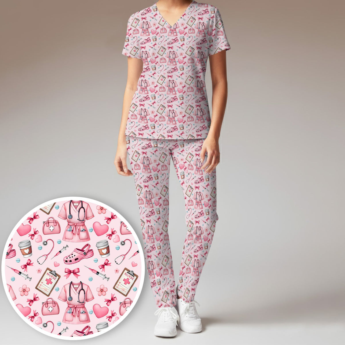 Valentine Pink Nurse Icons Scrub Set