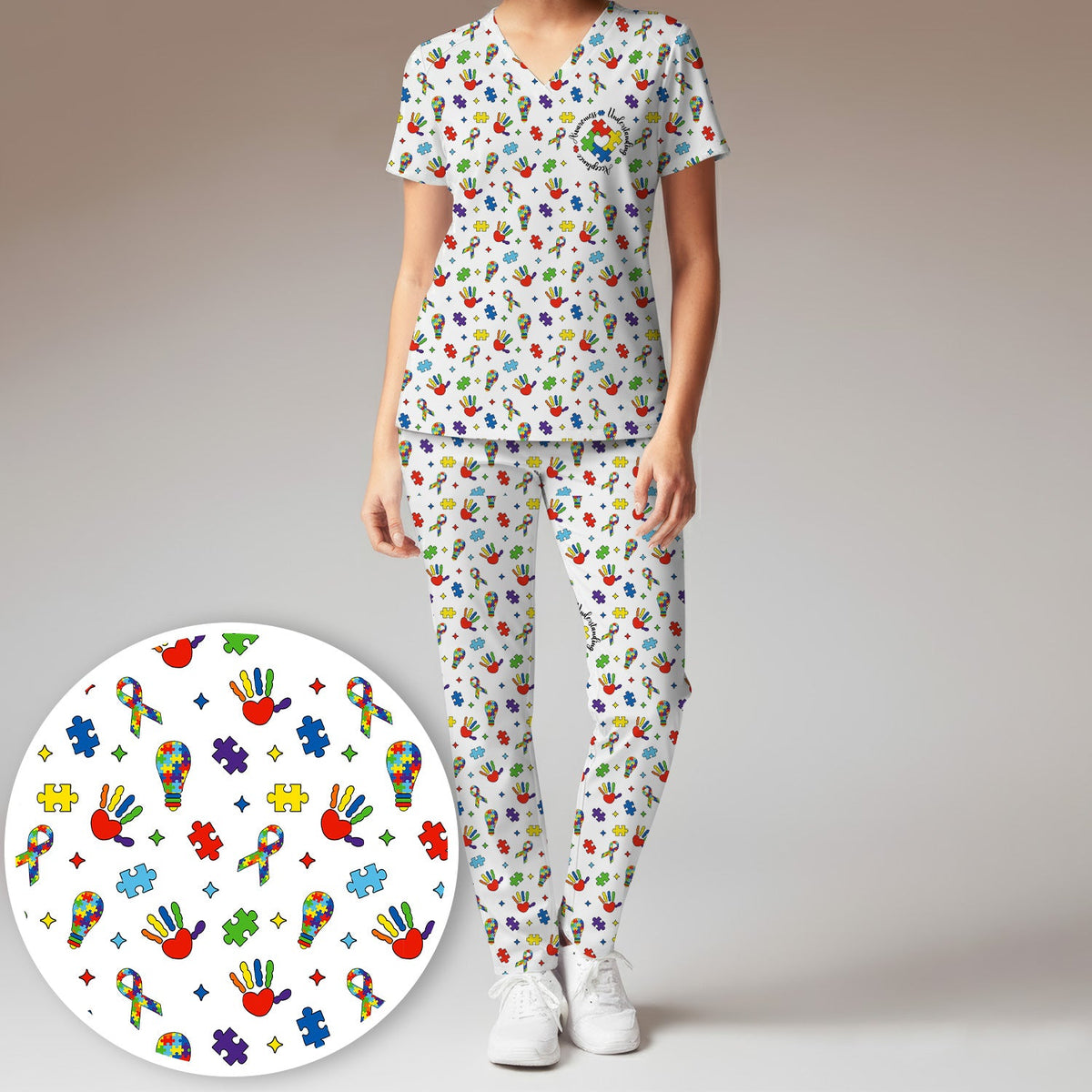 Autism Awareness Colorful Puzzle Nurse Scrub Set