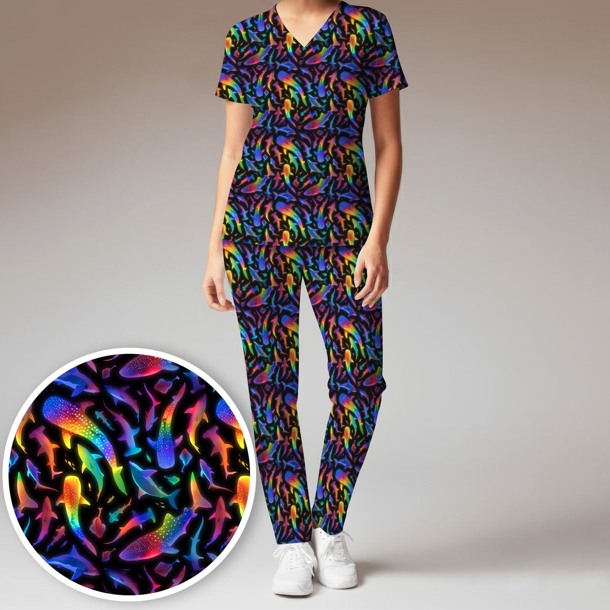 Vibrant Rainbow Shark Nurse Scrub Set