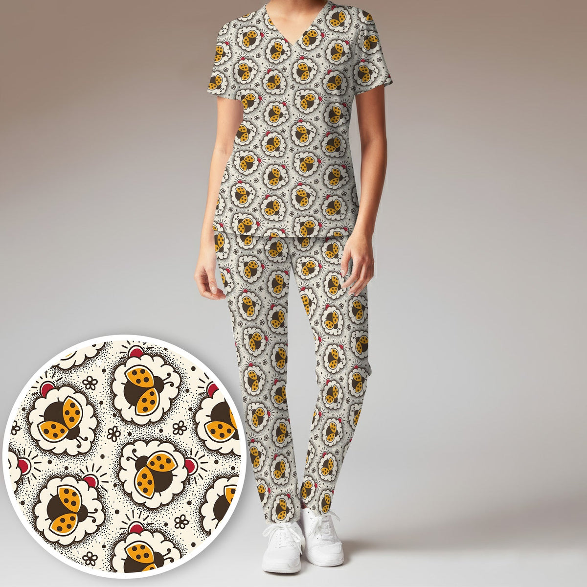 Ladybug Floral Frame Nurse Scrub Set