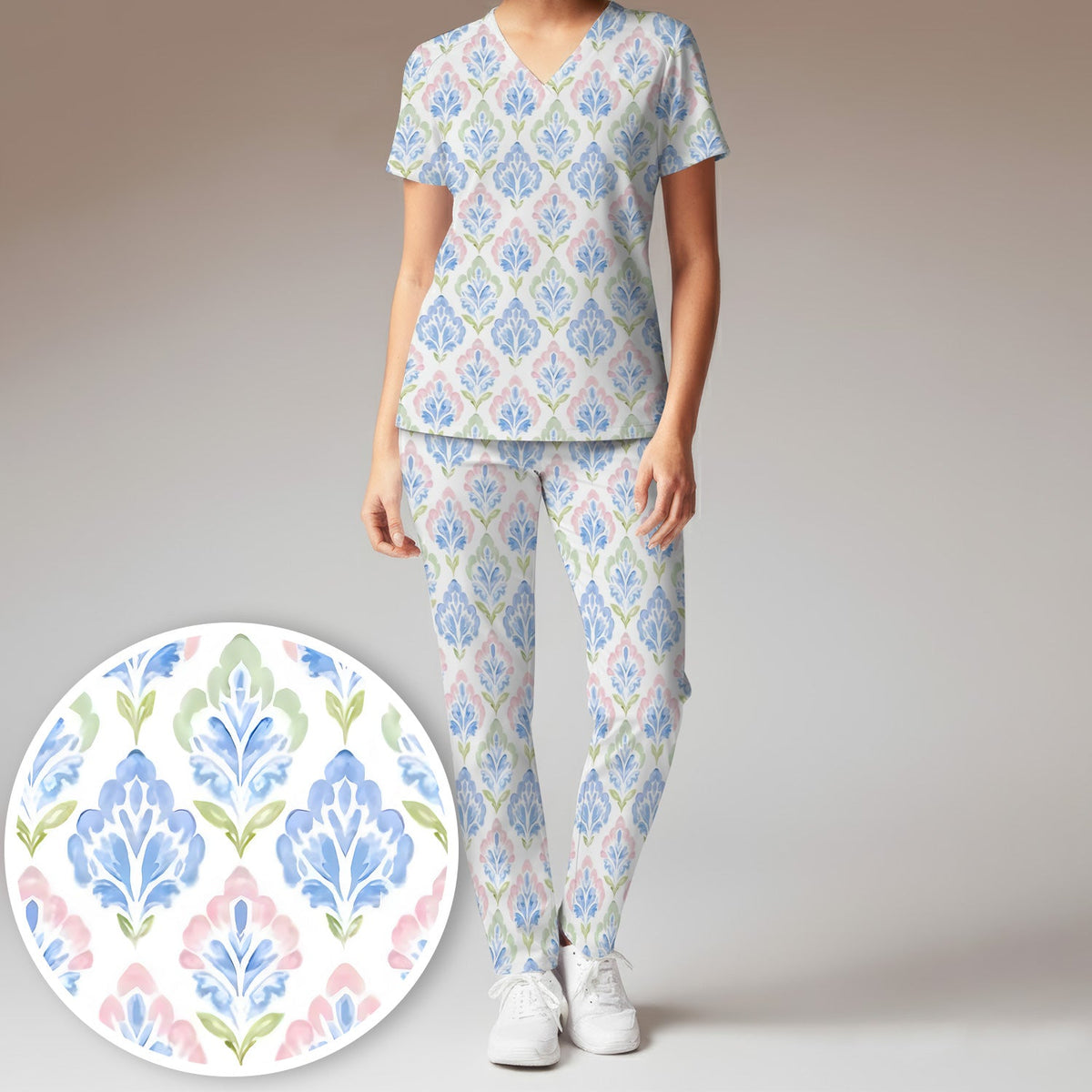Blue Floral Damask Nurse Scrub Set