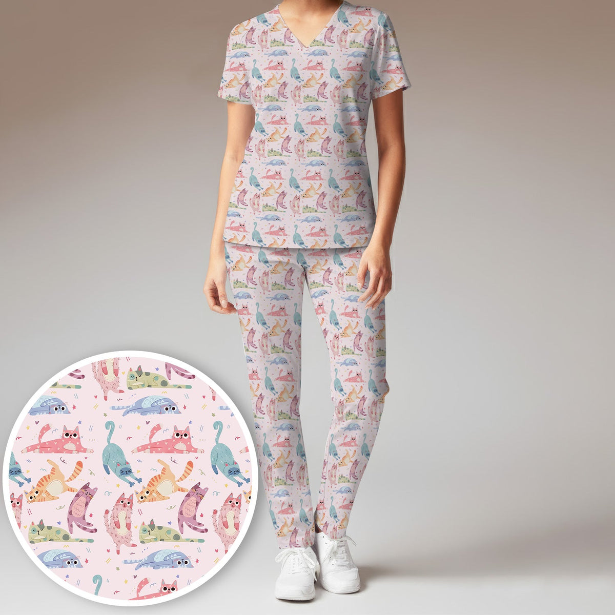 Funny Pastel Cat Pattern Medical Scrub Set, Breathable Fabrics Nursing Uniform