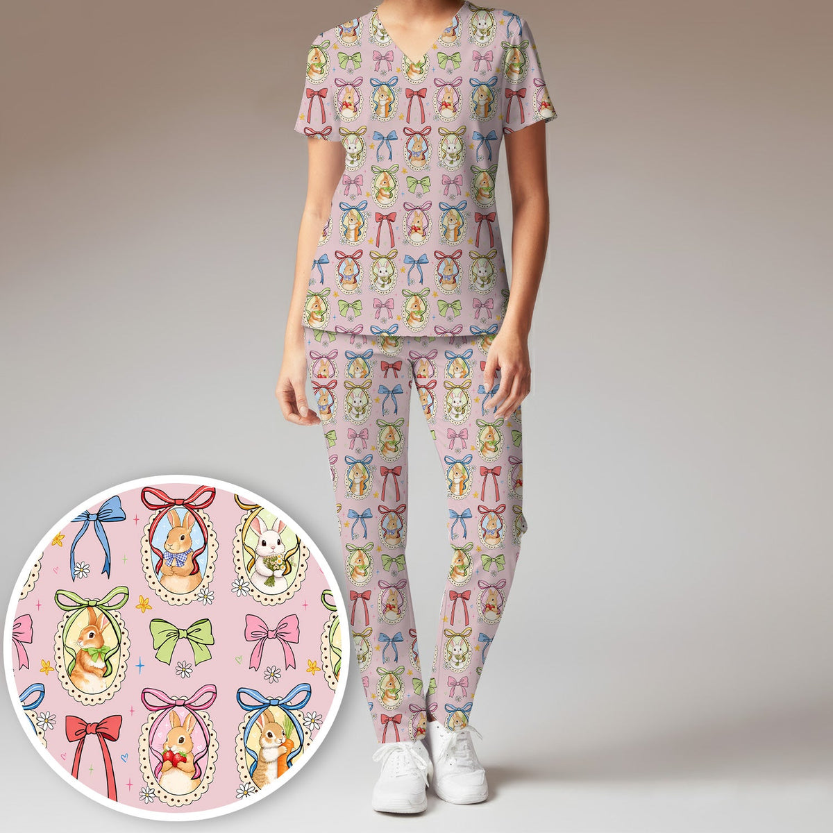 Bunny Cameo Bow Nurse Scrub Set - Easter Gift