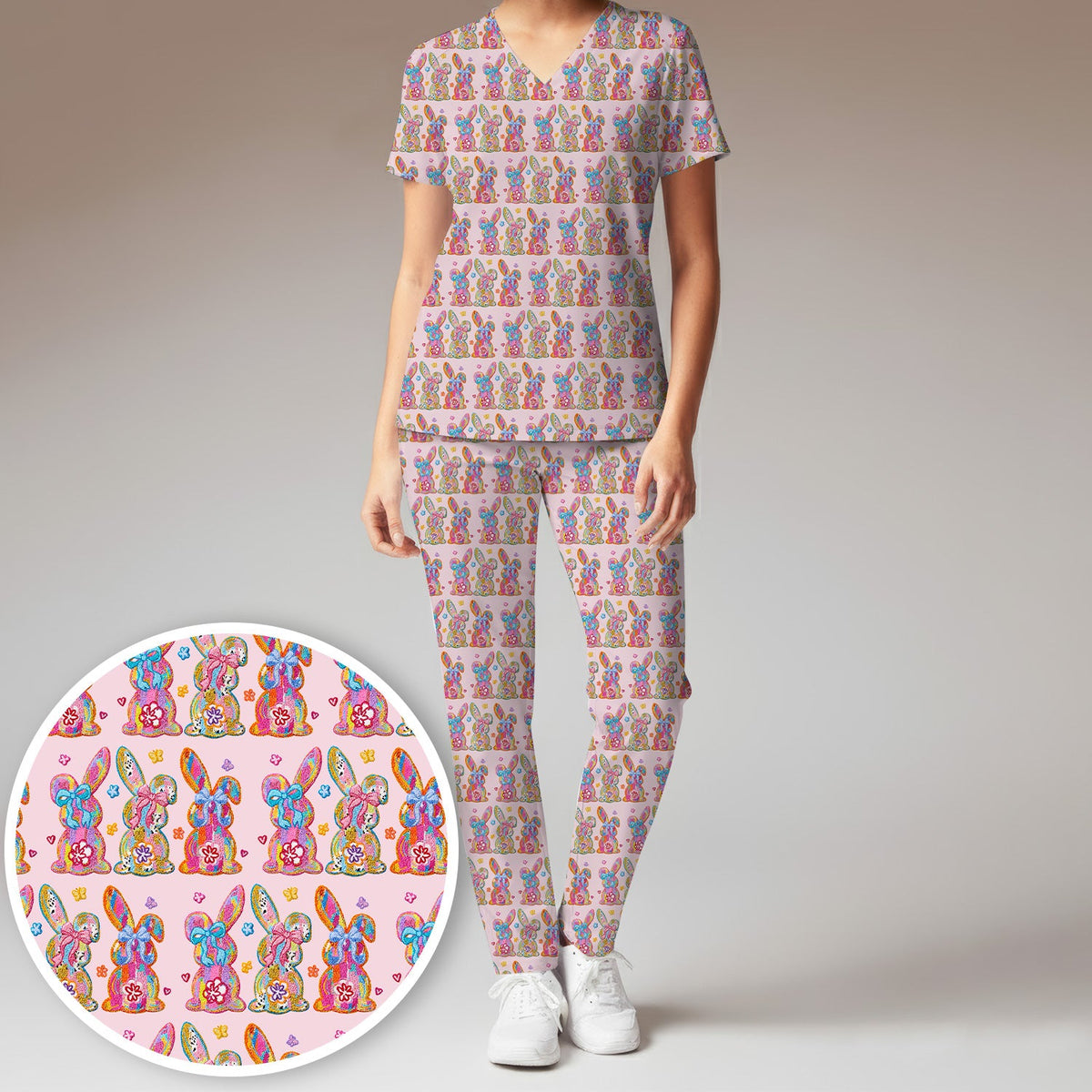 Pastel Bunny Floral Nurse Scrub Set