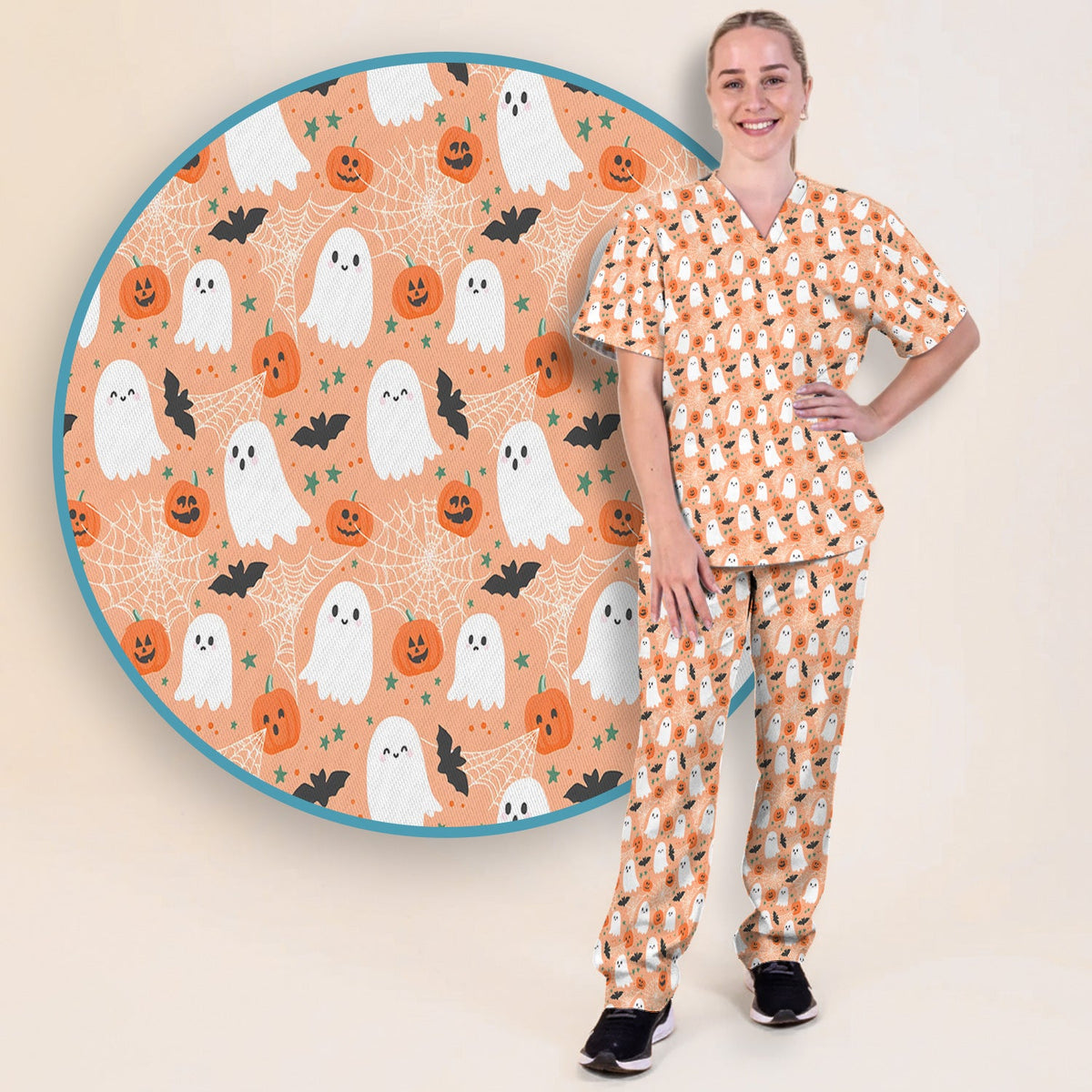 Halloween Ghost Pumpkin Nurse Scrub Set